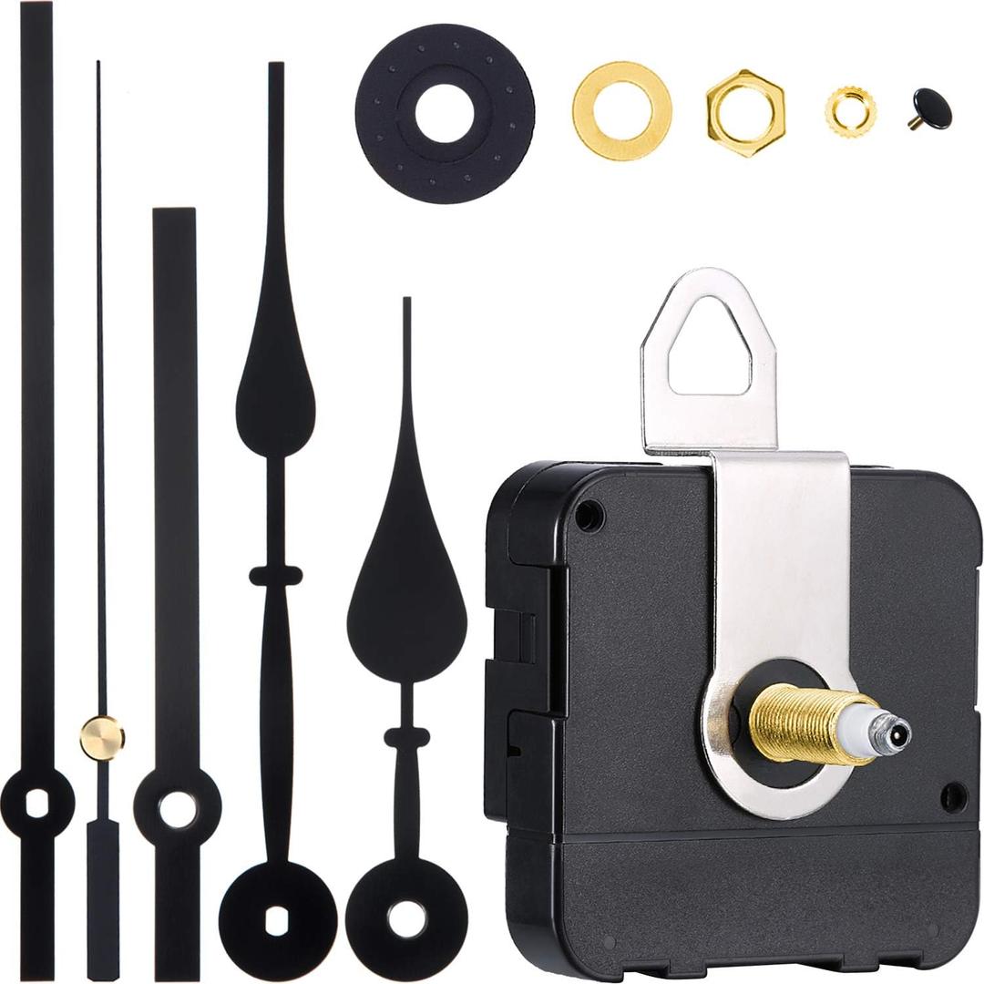 High Torque Long Shaft Clock Movement Mechanism Wall Quartz Clock Mechanism Kit with 2 Different Pairs of Hands Clock DIY Repair Parts Motor Replacement (Color Set 1, Shaft Length 9/10 Inch/ 23 Mm) (Black)