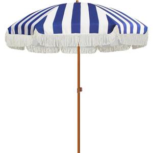 AMMSUN 7ft Patio Umbrella with Fringe Outdoor Tassel Umbrella UPF50+ Wood Color Steel Pole and Steel Ribs Push Button Tilt, Navy Stripe