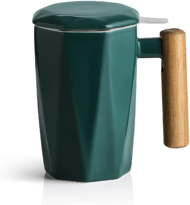 Sweejar Ceramic Tea Infuser Cup with Lid, Wooden Handle Teacup with Strainers for Loose Leaf Tea, 17 oz Geometric Shape Coffee Mug, Steeping Mug with Infuser, Women Christmas Gift (Jade)