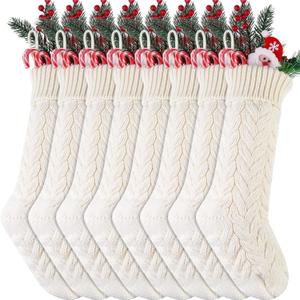 8 Pieces Knitted Christmas Stockings 18 Inch Large Size Crochet Cable Knit Hanging Stocking Decorations for Xmas Family Holiday Season Decor (Ivory White)