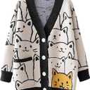 Gihuo Women Cat Sweater Oversized Cute Kawaii Cardigan Knit Graphic V Neck Loose Fit Long Sleeve Cardigan Coat (Small, Black)