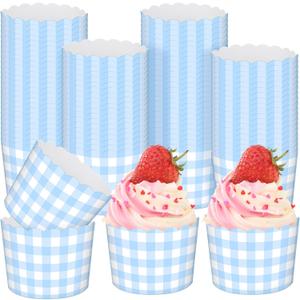 Vesici 150 Pcs Blue Gingham Party Supplies 5 oz Ice Cream Cups Scalloped Gingham Cupcake Cups Paper Cupcake Wrappers Muffin Cases for Birthday Wedding Bridal Shower Tea Party Supplies