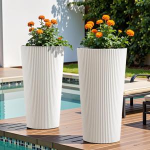 23.6" H Tall Planters for Outdoor Plants Set of 2 - Fluted Large Outdoor Planters for Front Porch Decor with Drainage Hole, Plastic Round Flower Pots Fits Indoor Plants Patio/Garden, White