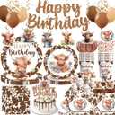 197pcs Brown Cow Birthday Decorations Include Tableware Set, Banner, Hanging, Tablecloth, Balloon, Cupcake Topper, Centerpiece, for Western Farm Animals Kids Birthday Baby Shower, Serves 25