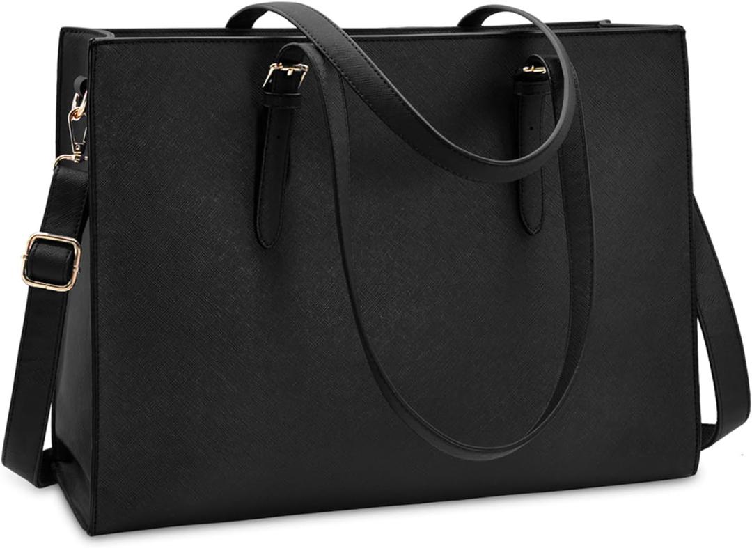 Laptop Bag for Women Waterproof Lightweight Leather 15.6 Inch Computer Tote Bag Business Office Briefcase Large Capacity Handbag Shoulder Bag Professional Office Work Bag, Black