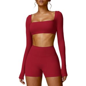 ABOCIW Women Square Neck Long Sleeve Workout Crop Top Low, Medium Impact Athletic Yoga Gym Shirts with Built in Bra(ONLY TOP) (Cherry Red)