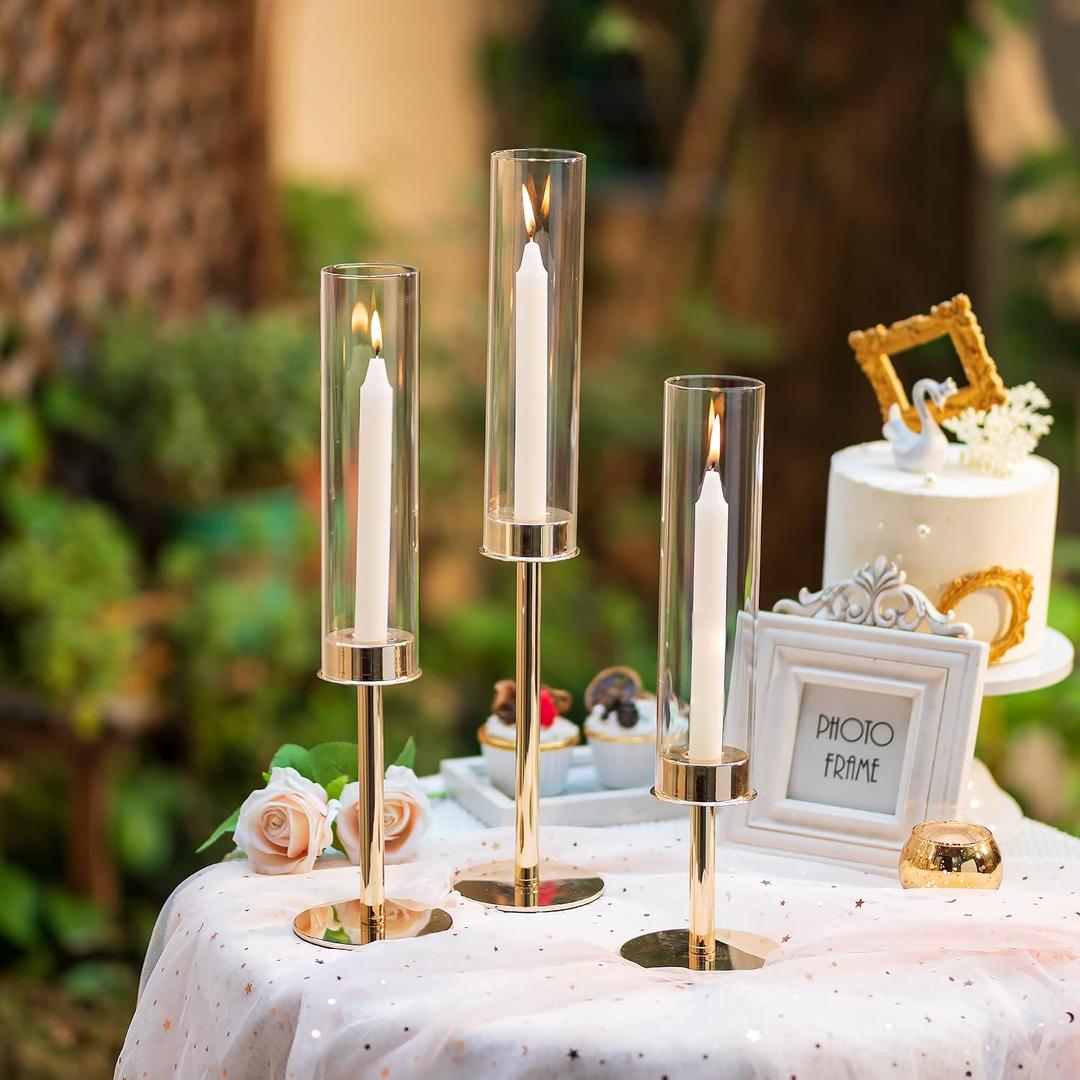 Hurricane Taper Candle Holders: Gold Glass Candlestick Holder Tall Candle Sticks Holder Decor with Glass Cover for Wedding Table Centerpiece Party Birthday Christmas Home Mantel, Set of 3