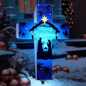 Yousoontic Outdoor Nativity Scene Solar Lighted Religious Christmas Garden Stake Nativity Scene Yard Decorations Solar Light up Holy Night Cross Stake Decor for Christmas Outside Patio Yard (Classic)