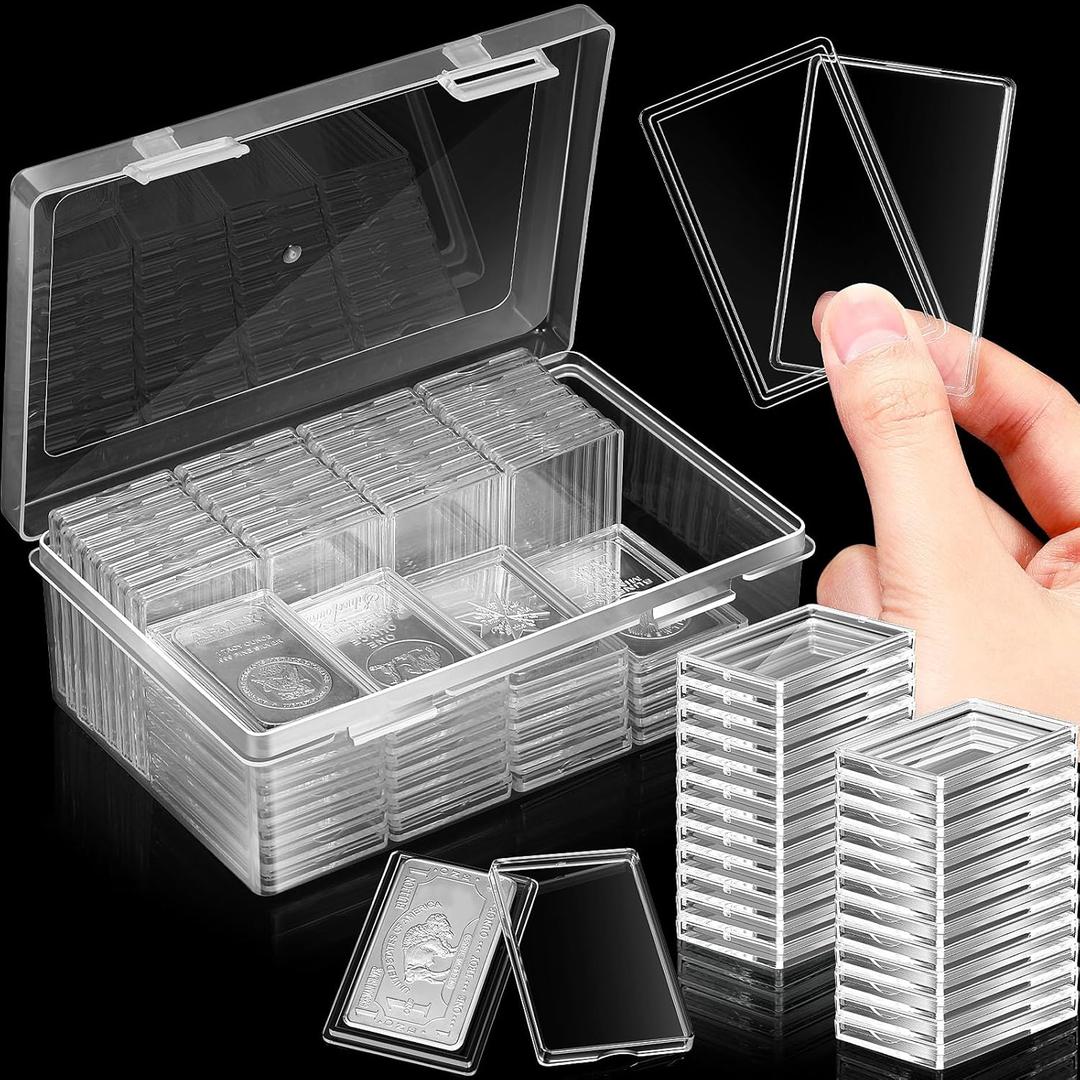 Batiyeer 50 Pcs 1 oz Silver Bar Case Holder Clear Acrylic Bar Capsule Storage Container for 1 Ounce Holder with Plastic Storage Box for Collectors Investors