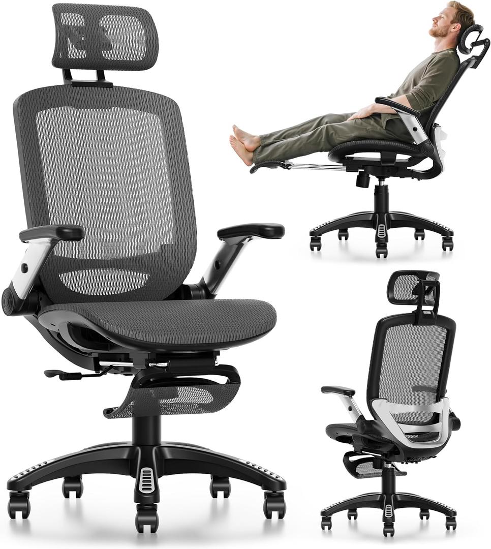 GABRYLLY Ergonomic Office Chair with Footrest, High Back Home Desk Chair - 3D Headrest, Flip-Up Arms, 135 Tilt and Wide Cushion, Heavy Duty Mesh Chairs for Task Computer Gaming, GYB01-FT