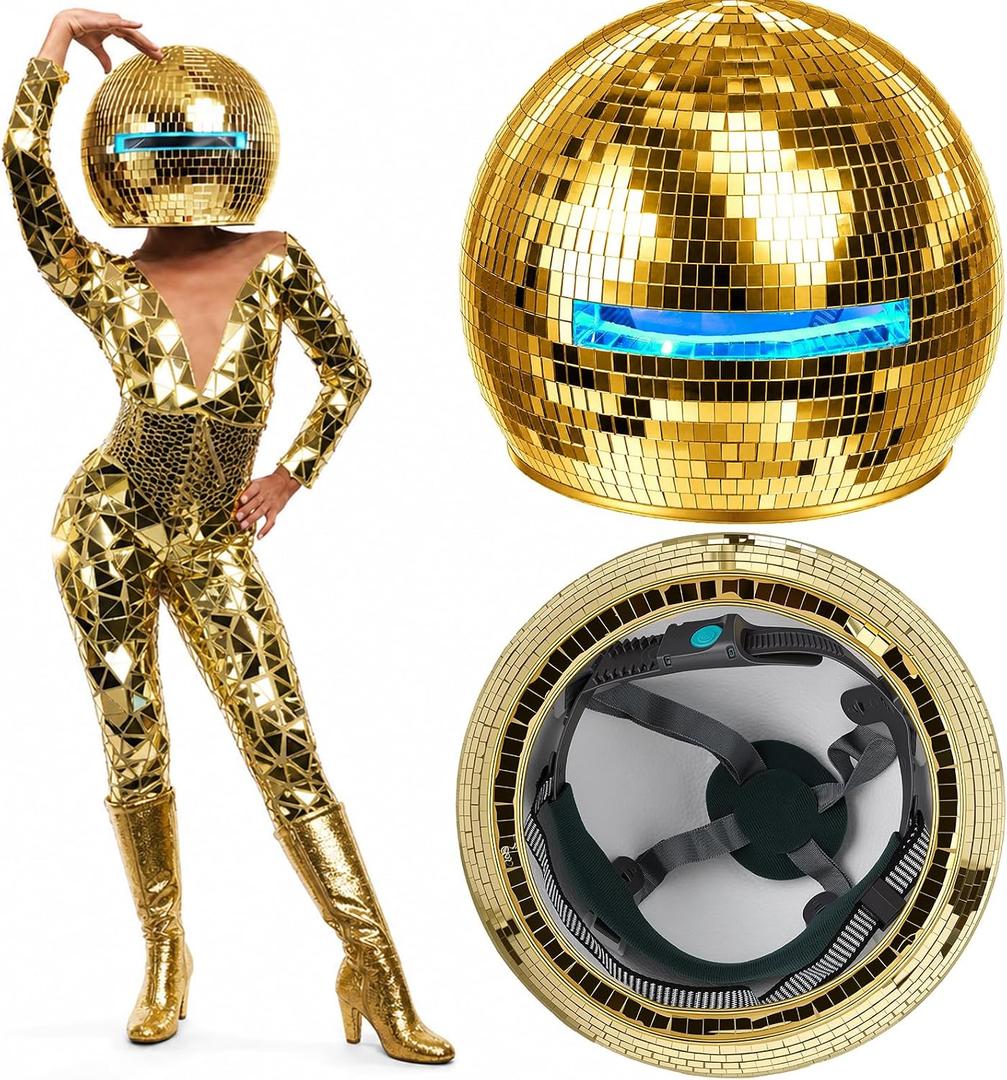Sabary 11.81 Inch Disco Ball Helmet Adult Gold Glitter Glass Hat Novelty Punk Disco Ball Costume Cosplay for Nightclubs Parties Bar Djs Stage