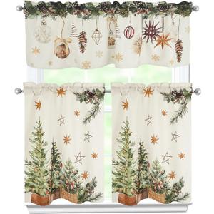 Christmas Kitchen Curtains 3 Piece Set Xmas Trees Holly Pine Curtains Valance & Tiers for Kitchen Home Indoor Cafe 36 Inch Short Window Curtain Over Sink Window Winter Holiday Decor