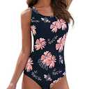 American Trends Modest Criss Cross Back One Piece Swimsuit Women Full Coverage Floral Print Long Torso Swim Suits Pattern 6-8 Pink