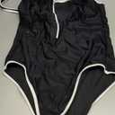 CUPSHE Women's One Piece Swimsuit Scoop Neck Front Zipper Bathing Suit Racer Back Wide Straps Color Blocked Trim (Medium, Black/White)