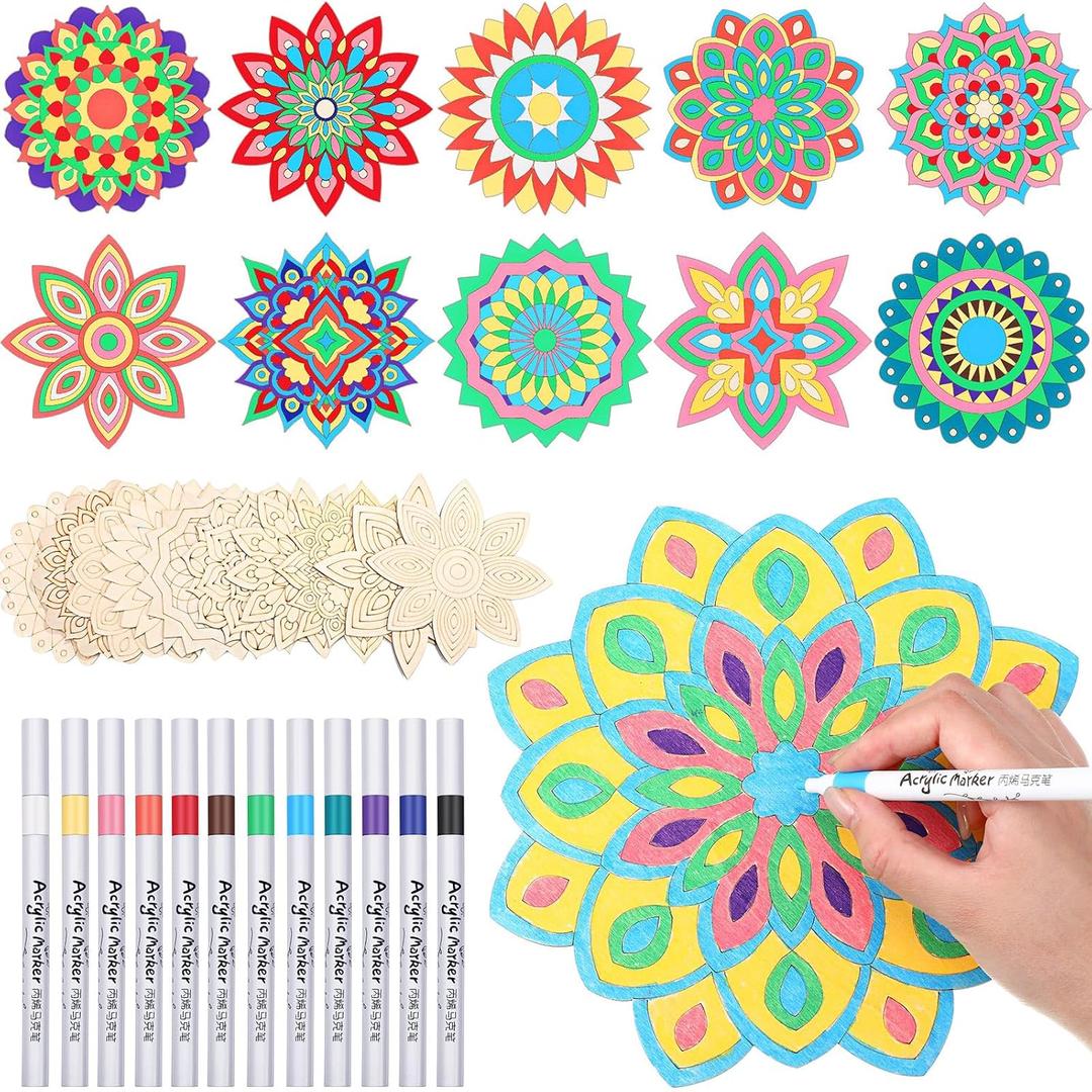 22 Pcs Wooden Mandala Painting Set 10 Mandala Unfinished Wood Cutouts with 12 Markers for Crafts Diwali Craft Wood Slices for Adults Painting DIY Tags Wedding Home Decors(Artsy Style)