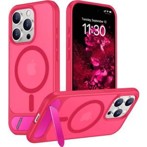 Temdan Magnetic Compatible with iPhone 15 Pro Max Case, [Built-in Invisible Kickstand][Compatible with MagSafe][Military Grade Shockproof] Slim Translucent Matte Phone Case for iPhone 15 Pro Max 6.7" (Hot Pink)