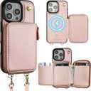 Bocasal for MagSafe Crossbody Wallet Case Compatible with iPhone 16 Pro, RFID Blocking Protective Purse Case with Card Slots Holder Kickstand Wrist Strap Lanyard Zipper 6.3 Inch 5G (Rose Gold)