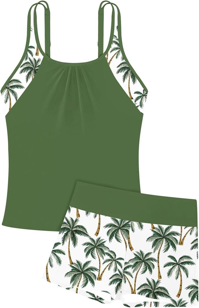 RAISEVERN Girls Swimsuit 2 Piece Bathing Suits for Teens Cute Summer Tankini Short for Size 7-16 (15-16 Years, 00-green)