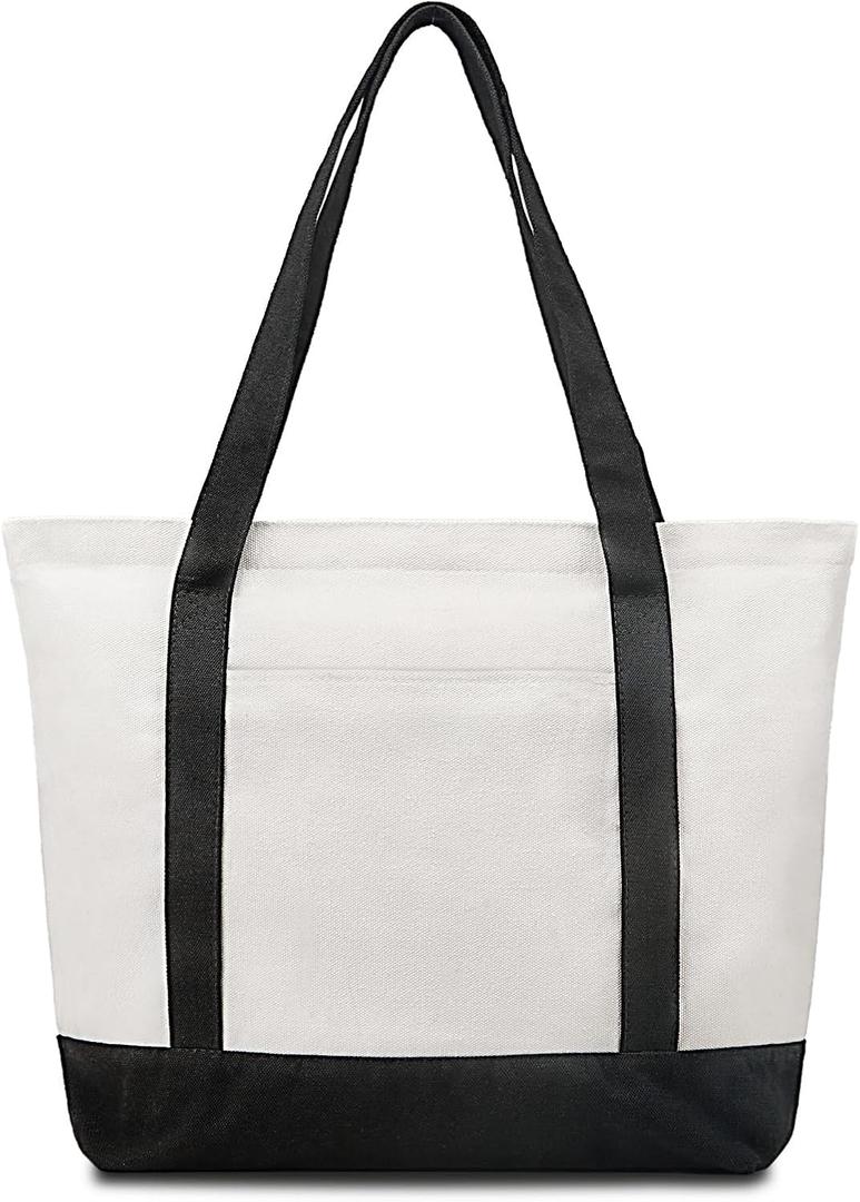 Canvas Tote Bag with Zipper and Zip Pockets Thick Canvas Durable Reusable Grocery Shopping Beach Bag Large Capacity Washable Shoulder Bag for Women Black White (Black/Natural (X-large, 20 Inches))