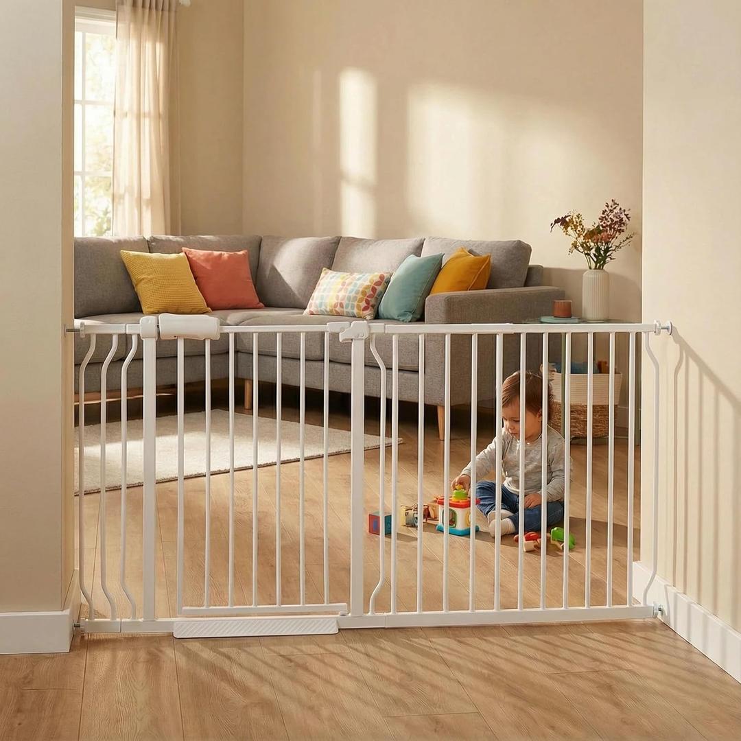 Extra Wide Baby & Dog Gate 62-67 Inch, Pressure Mounted No Drilling, Adjustable Indoor Safety Gate for Stairs & Wide Doorways - Metal Design for Kids and Pets, White