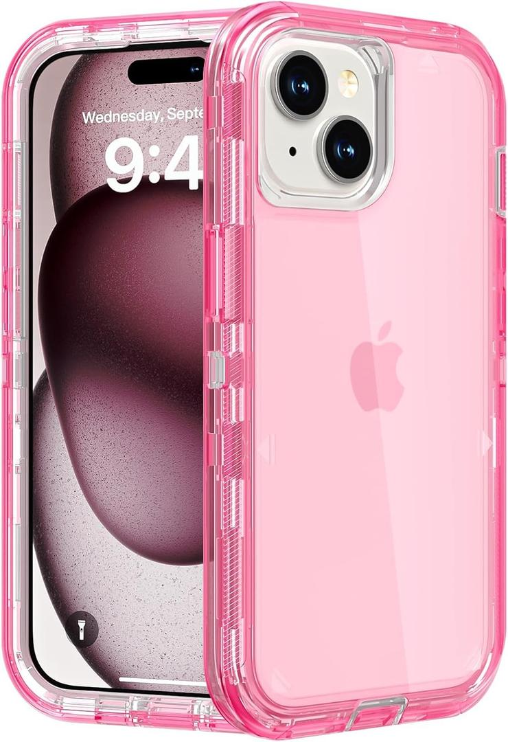 Follaroma for iPhone 15 Case, Heavy Duty Shockproof Protection Phone Cases, Anti-Drop, Dual Layer Transparent Protective Cover Compatible with iPhone 15, 6.1 inch,Crystal Pink