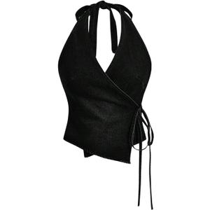 SHENHE Women's Halter Neck Denim Wrap Top Side Tie Backless Vintage Jean Top Shirt (Large, Black)