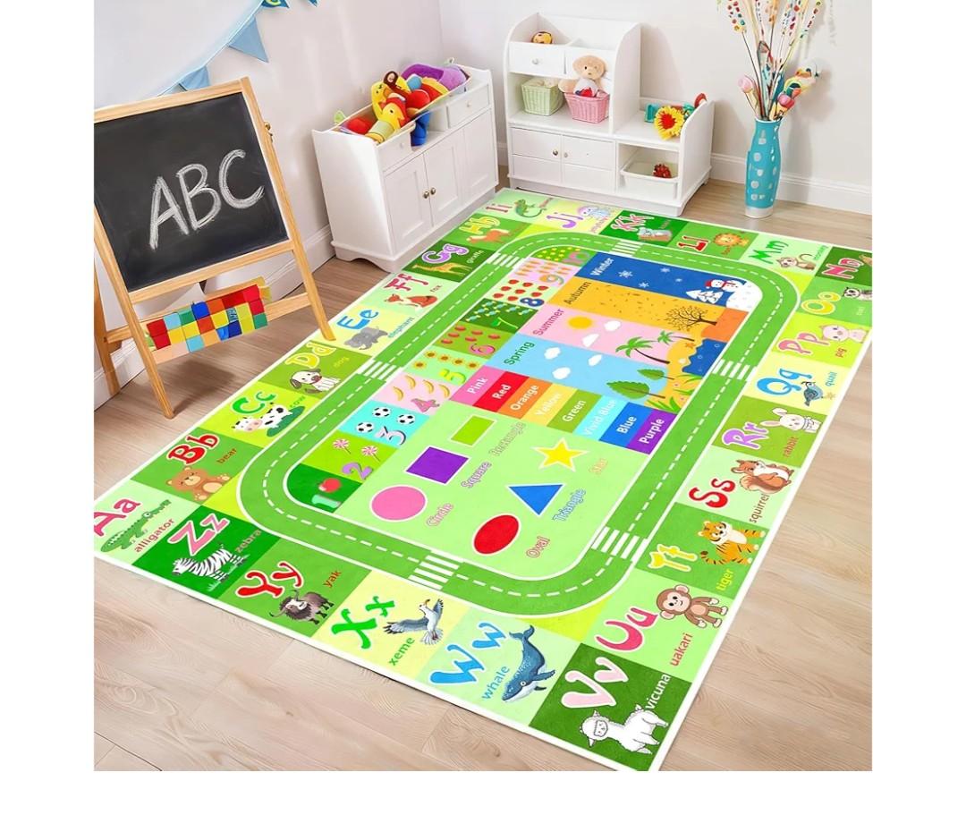 Alphabet Rugs for Kids Playroom - ABC Rug for Classroom with ABC Alphabet,Animals Colors,ABC Carpet for Children Playroom Cartoon Kids Play Mat for Bedroom Decor,Green,32"x46"