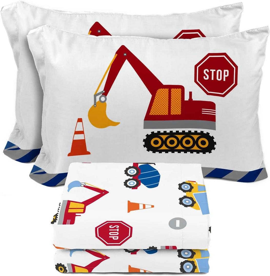 Sunny Side Up Construction Zone Full Sheet Set - 4 Piece Kids Bedding Set Includes Pillow Cover - Super Soft Trucks Microfiber Sheets