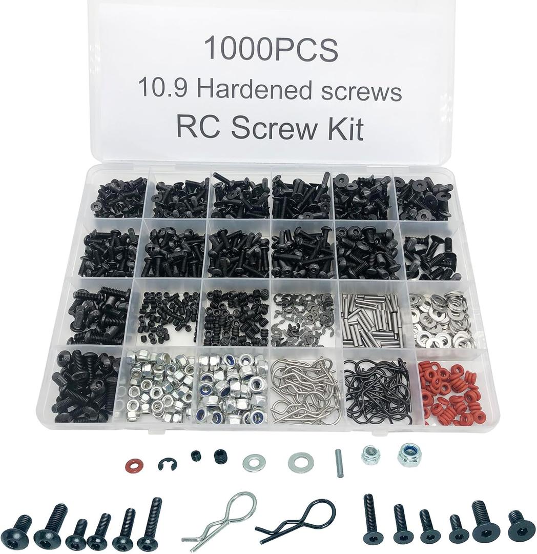 1000pcs Universal RC Screw Kit Screws Assortment Set, Hardware Fasteners for Traxxas Axial Redcat HPI Arrma SCX10 Losi 1/8 1/10 1/12 1/16 Scale RC Cars Trucks Crawler (1000pcs RC Screws)