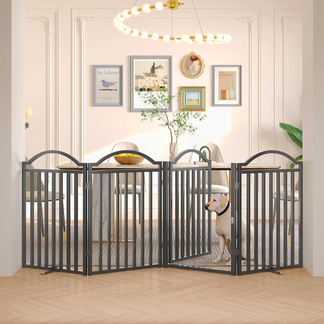 BHG Metal No-Assembly Freestanding Dog Gate with Door Walk Through, Extra Wide 96", Extra Tall 32" Pet Gate, Accordion Puppy Folding Playpen Dog Fence for Indoor & Outdoor, with 2PCS Support - Black