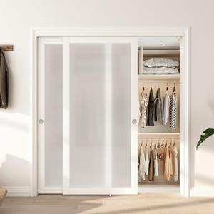 Sliding Closet Door 72"(Double 37") x 80", Full-Lite Frosted Glass Closet Door with Hardware Kit & Matching Fascia, Sturdy Solid Wood & MDF with Water-Proof PVC Surface, Pre-Drilled
