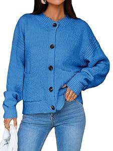 Saodimallsu Womens Button Up Cardigans Fall Crew Neck Fuzzy Knit Long Sleeve Cropped Sweater Jacket with Pockets (Medium)