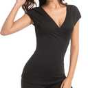 Women's Deep V Neck T-Shirt Trendy Flowy Casua Blouses 2025 Spring Summer Short Clothes Suitable for Beach Parties Dates (Black, L)