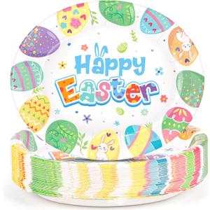 50 Count Easter Plates Heavy Duty, Large Disposable Oval Paper Plates, 10" X 12.5" Happy Easter Platters Dinner Party Plate Pastel Eggs Dinnerware Tableware Spring Holiday Party Supplies