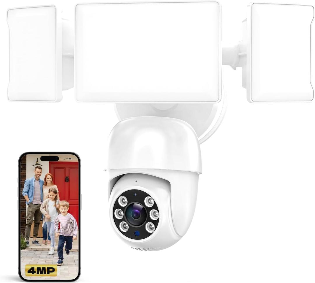 Olafus Flood Light Camera Outdoor, 2K QHD Video, 360Panoramic View, Motion Detection Alerts, Two-Way Audio, Powerful Floodlight Security Camera Adjustable Lighting Secure Your Home White