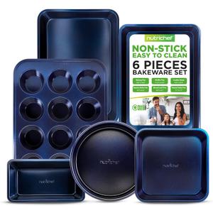NutriChef 6-Piece Nonstick Baking Pans - Carbon Steel Non Toxic Bakeware set with Cookie Sheets, Muffin, Loaf, Round & Square Pan - Restaurant Quality Baking Tray, Easy Clean, Dishwasher & Oven Safe (Blue)