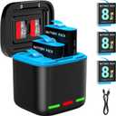 Battery Charger for Hero 8/7/6 Battery 3-Pack 1500mAh and USB Storage 3-Channel Fast Charger Fully Compatible with GoPro Hero 8, Hero 7, Hero 6 Black Official with Micro SD Card Slot