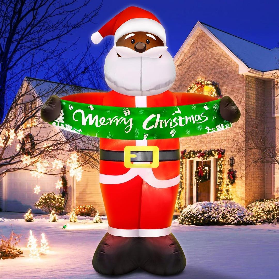 7FT Christmas Inflatables Black Santa Claus Inflatable Outdoor Decorations with Built-in LED Light Christmas Blow Up Yard Decorations for Indoor Home Christmas Party Holiday Decor