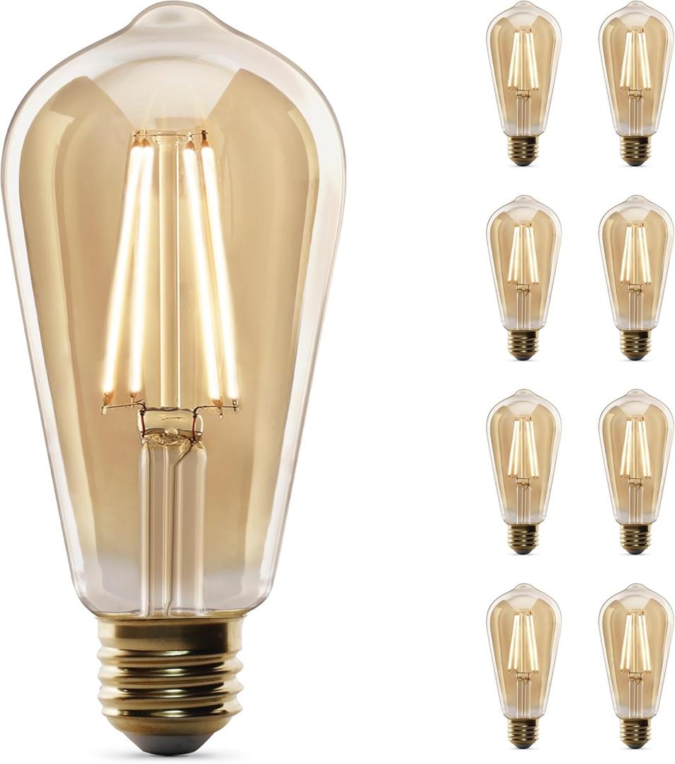 Feit Electric ST19 Vintage Edison LED Light Bulb, 60W Equivalent, Dimmable, 2100K Warm Light, 400 Lumens, Straight Filament Amber Glass Light Bulbs, 15,000-Hour Lifetime, ST19/VG/LED/2/4, 8 Pack