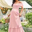 OUGES Womens 2026 Summer Maternity Photoshoot Dress Boho Maxi Smocked Baby Shower Dress Ruffle Sleeve Maternity Clothes (Pink, XXL)