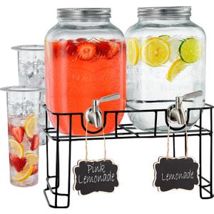 FineDine Glass Drink Dispenser with Stand & Stainless Steel Spigot 1 Gallon drink dispensers for parties, glass beverage dispenser Set, punch bowl for Lemonade, Juice, Infused Water & More, 2 Pack