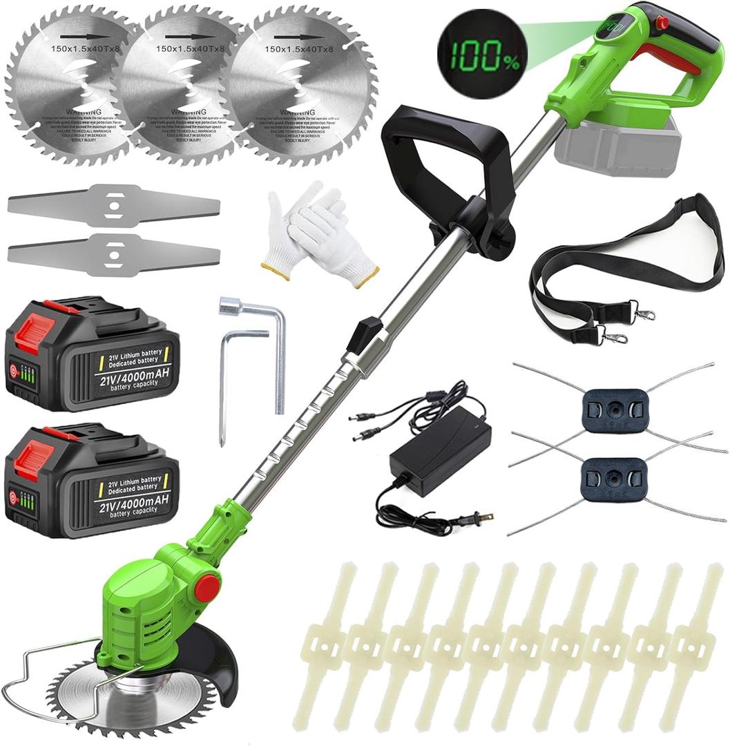 Electric Weed Wacker Cordless, 3-in-1 Weed Eater Battery Powered with 4 Types Blades and 2 x 4.0Ah Batteries, 21V Brush Cutter, for Lawn, Yard and Bush Trimming (Green)