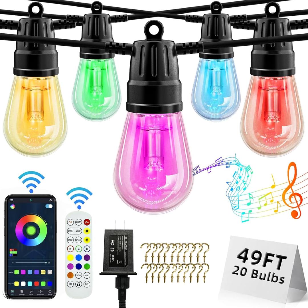 Outdoor String Lights, 49ft RGB Warm White Patio Lights 20 Bulbs, Outdoor Lights for Patio with APP & Remote, IP65 Waterproof, Color Changing Hanging LED Lights for Garden Yard Porch Party