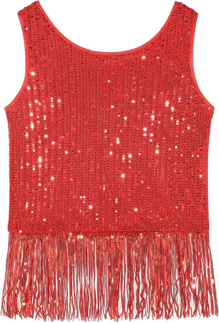 Noomelfish Girls Sequin Fringe Crop Tops Tassel Sparkly Glitter Dance Sleeveless Tank Shirt (9-10 Year)