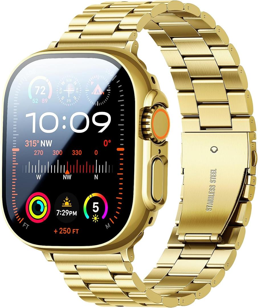 Compatible with Apple Watch Band 49mm 46mm 44mm 45mm 42mm 40mm 38mm 41mm, Stainless Steel iWatch Bands with 2 Pack Tempered Glass Case for Series 11/10/9/Ultra 3 2/8/7/6/5/4/3/2/1/SE for Men (Gold)