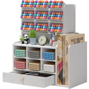 Pen organizer for desk, Marker organizer, Pen holder with drawer, Pencil Holder, with 15 Compartments and 1 Drawer, 1 File Holder Multi-Functional Desk Organizers (White)
