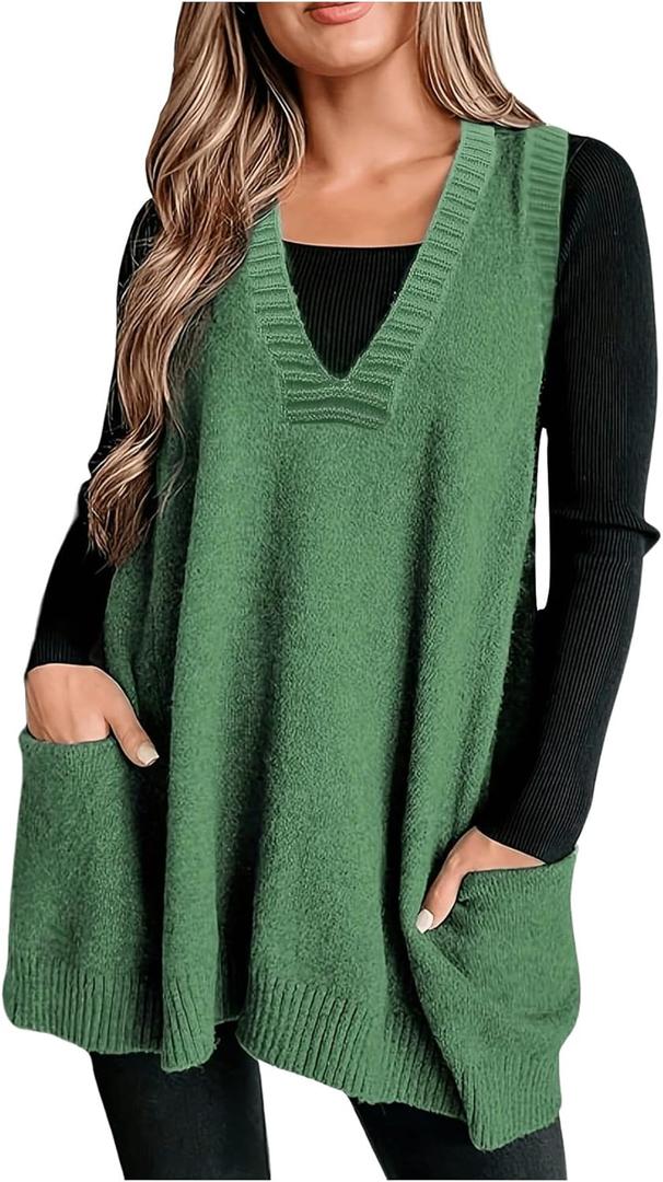 SOLY HUX Women's Plus Size Sweater Vest V Neck Sleeveless Loose Fit Knit Pullover Tank Tops with Pockets (3X-Large Plus, Plain Green)