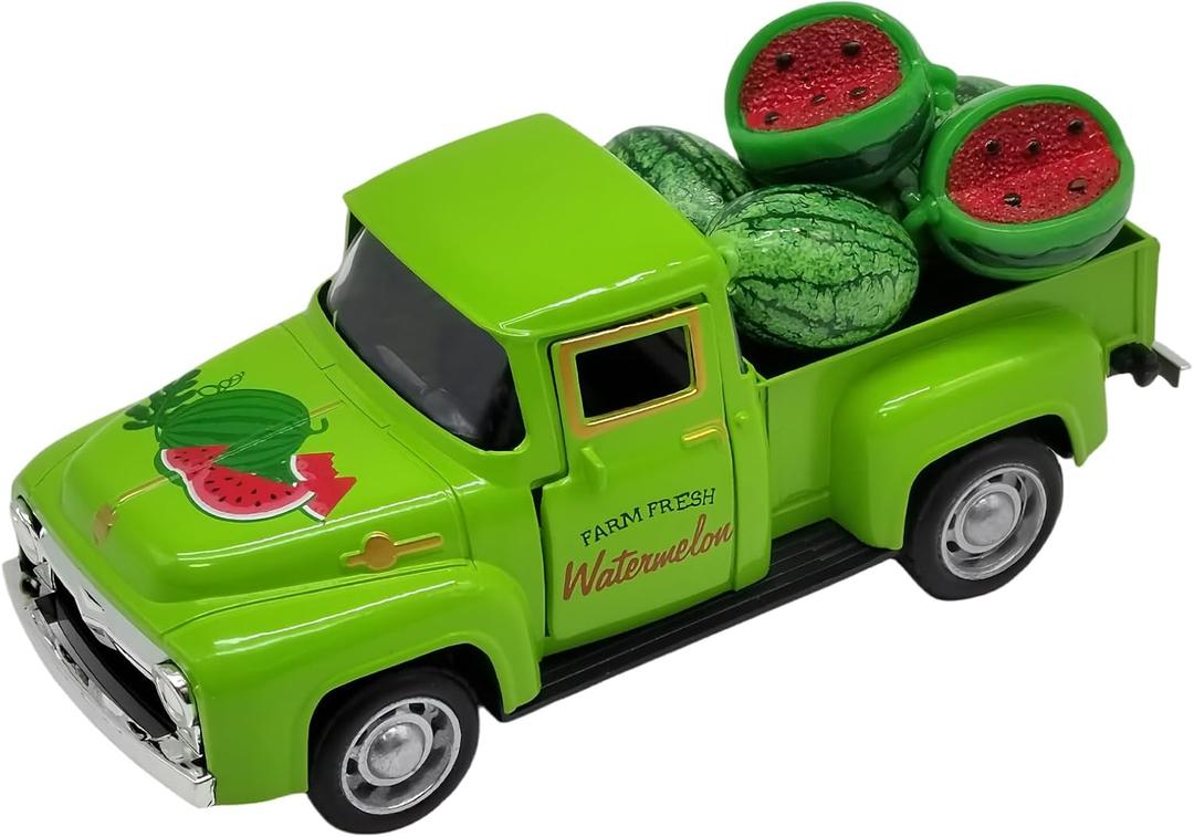 Watermelon Decor Mini Vintage Green Metal Pickup Truck with 6 Realistic Resin Mini Watermelons, Rustic Farmhouse Tiered Tray Decor for Kitchen Table, Happy Summer Party Home Decoration