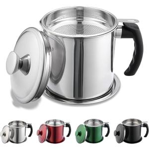 Kyraton Bacon Grease Container With Strainer, 48 oz Stainless Steel Oil Container, Pot Fat Storage With Lid, Easy Grip Handle Suitable For Storing Frying Oil And Cooking Grease 1, Silver