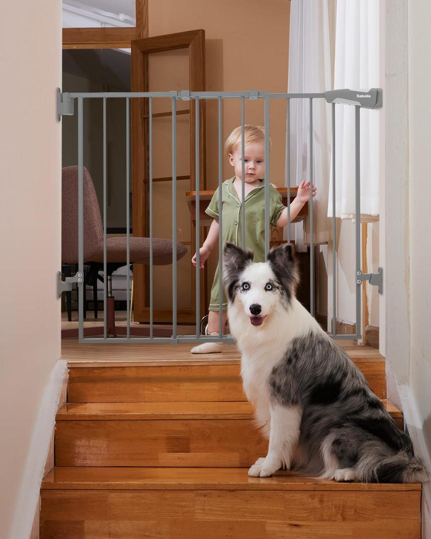 Babelio 26-43" No Bottom Bar Baby Gate for Babies, Elders and Pets, 2-in-1 Hardware Mount Dog Gate for The House, Stairs and Doorways, with Large Walk Thru Door, Grey (26-43" W, 28" H, Gray)